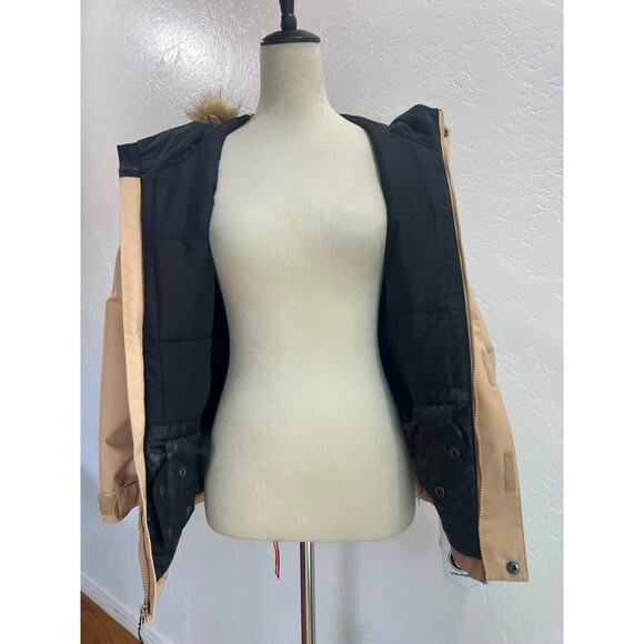 Girl’s M Volcom So Minty Tan Hooded Insulated Jacket Faux Fur NWT - Picture 2 of 16